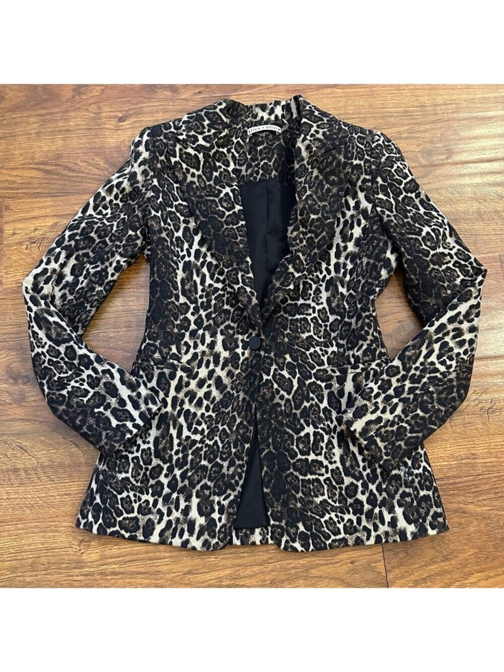 ALICE + OLIVIA TOBY FITTED LEOPARD PRINT STRETCH COTTON BLEND BLAZER